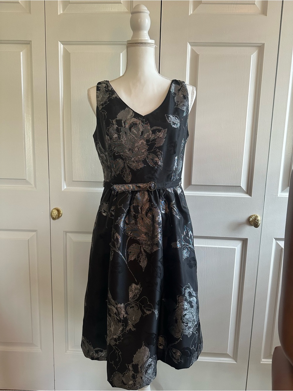 White House Black Market Black Dress with Metallic Floral Jacquard
